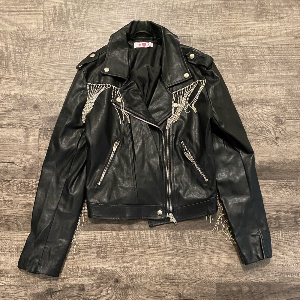 Leather jacket rhinestone fringe like new